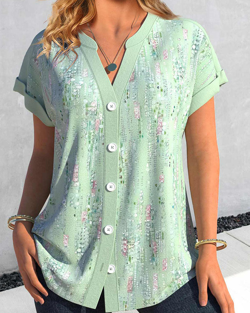 Button-up printed short-sleeved blouse