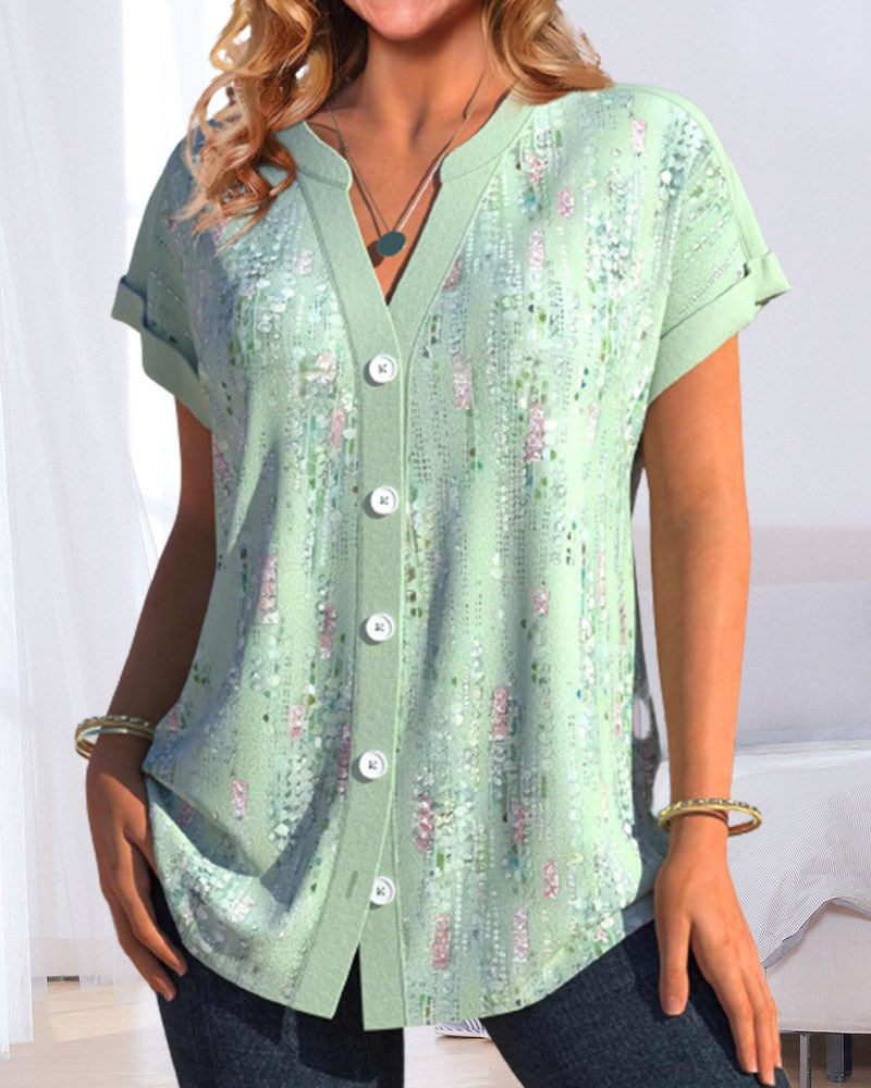 Button-up printed short-sleeved blouse