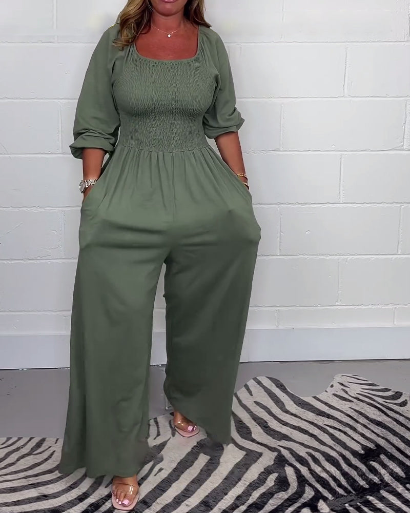 Square neck solid color pocket jumpsuit