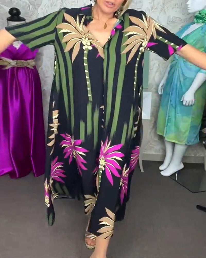 Casual leaf print slit short sleeve loose dress