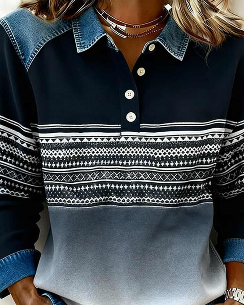 Button Lapel Striped Gradient Sweatshirt