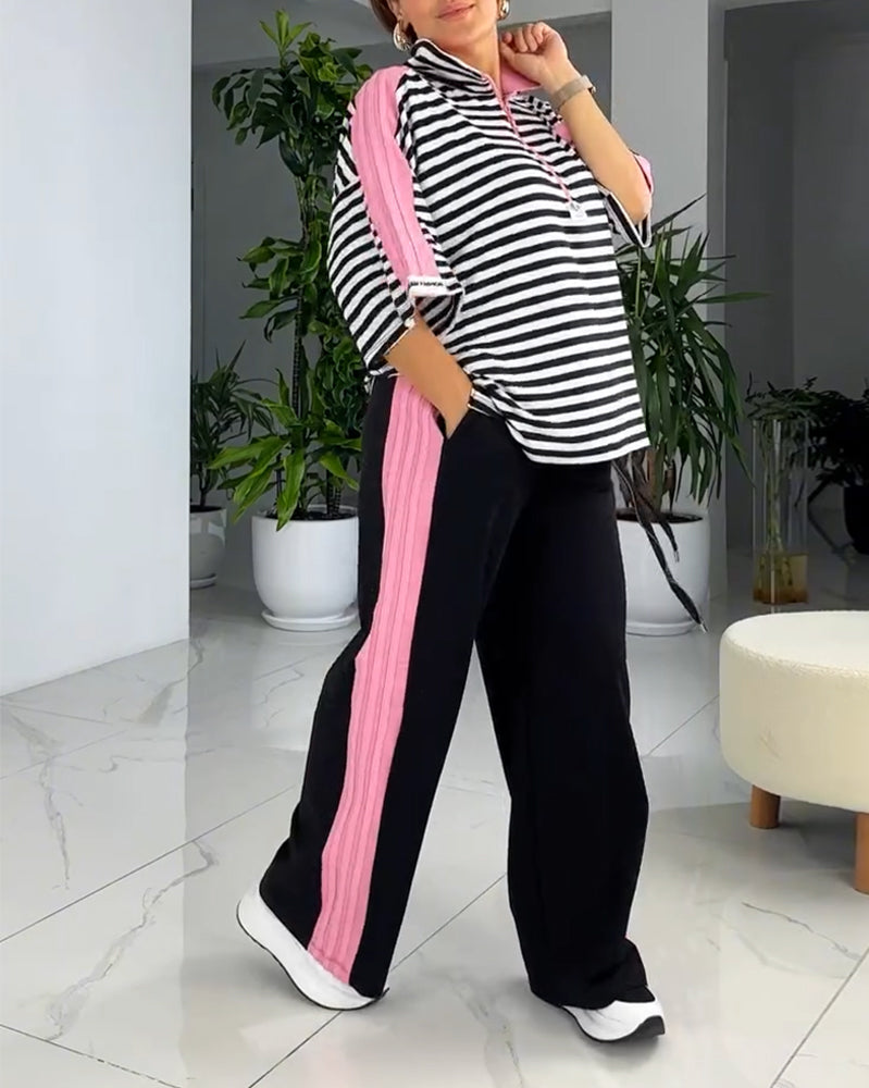 Striped Print Loose Pants Suit