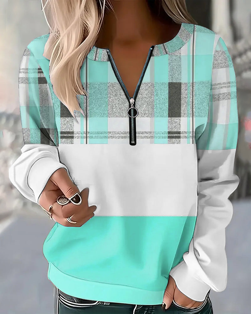 Casual Plaid Contrast Color Sweatshirt