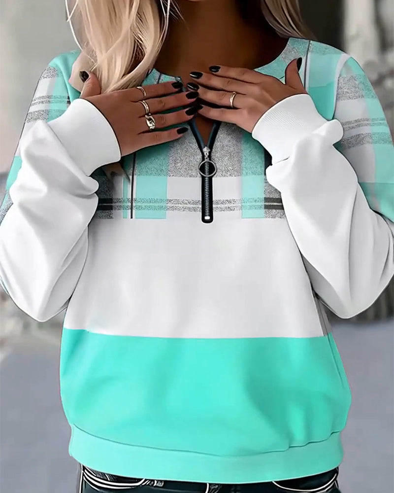 Casual Plaid Contrast Color Sweatshirt