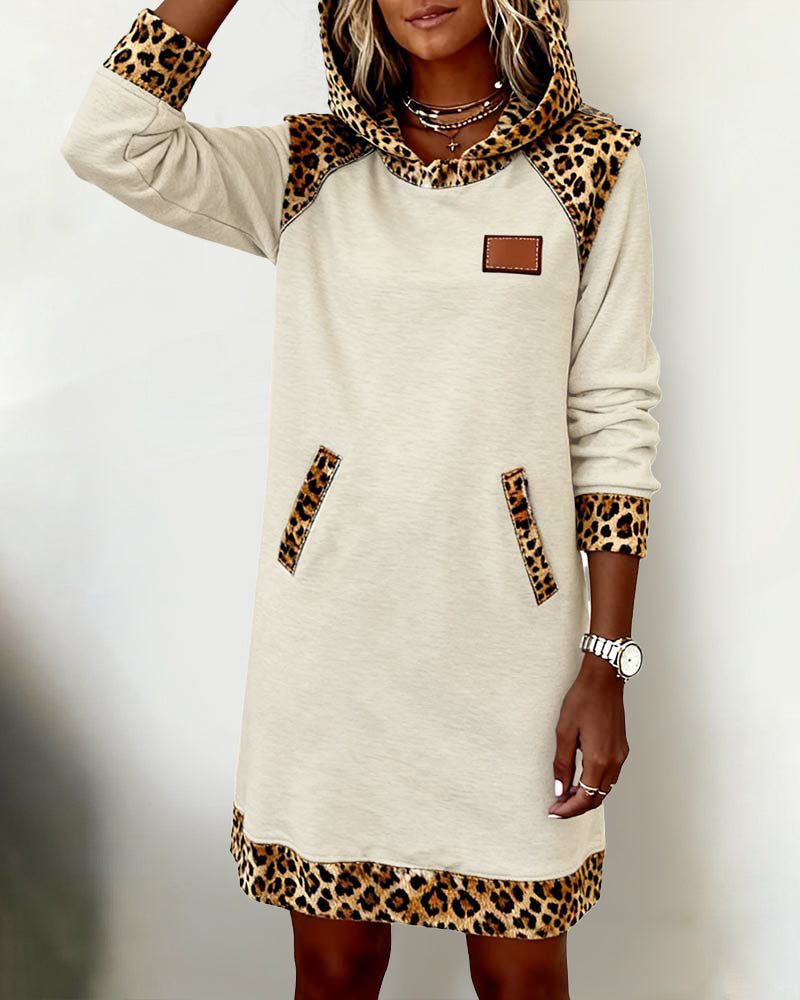 Casual Hooded Leopard-Panel Dress