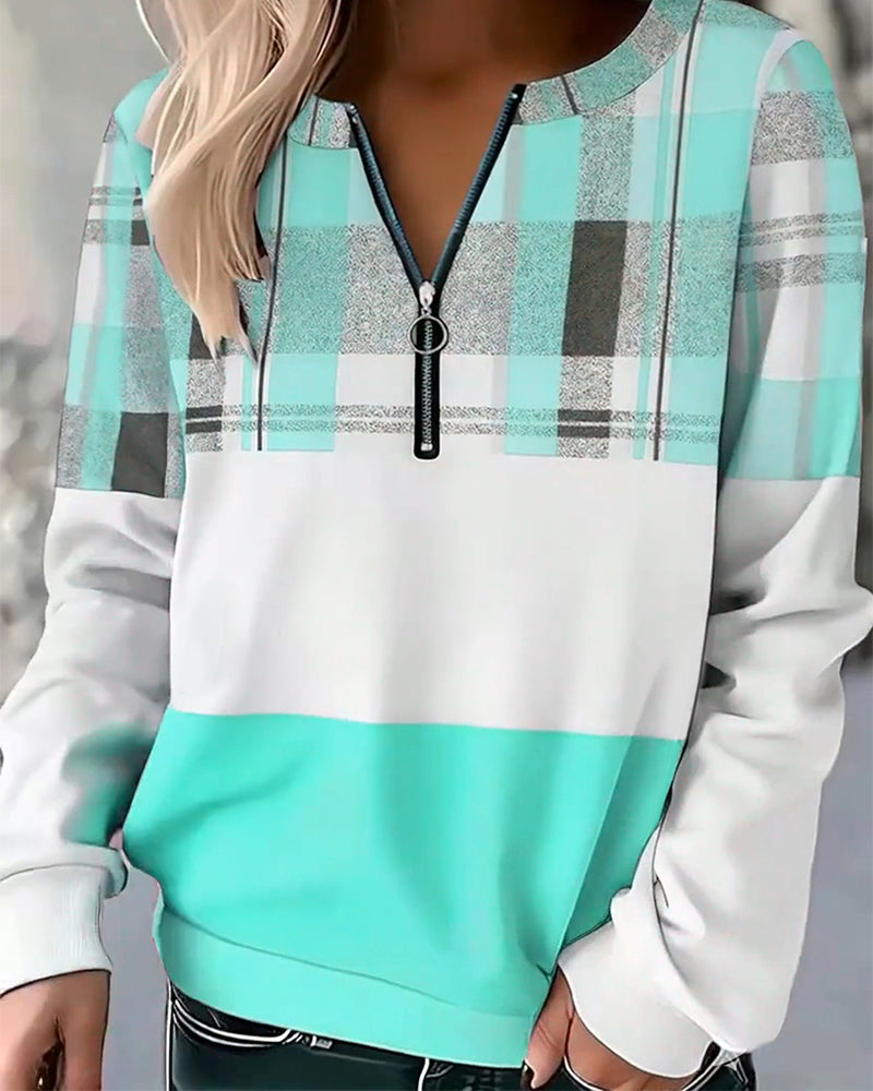 Casual Plaid Contrast Color Sweatshirt