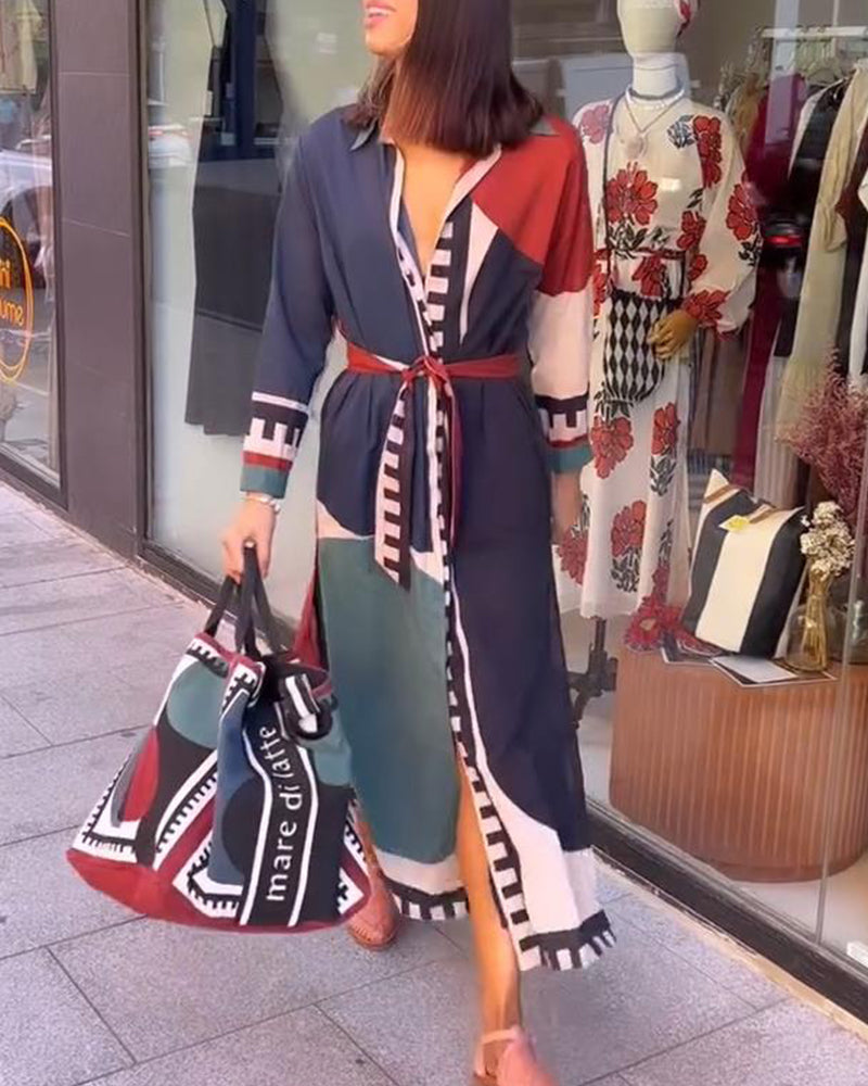 Casual color block printed lapel lace-up dress