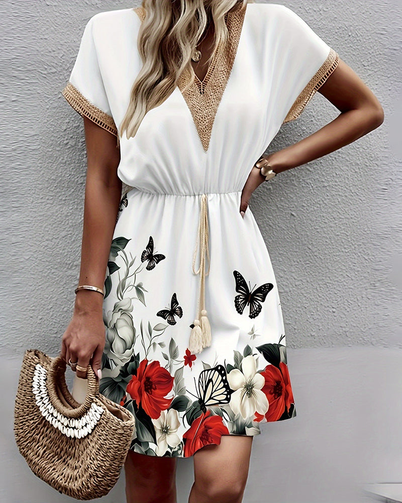 Butterfly print lace v-neck dress