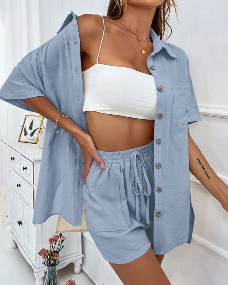 Casual solid color shirt and shorts set
