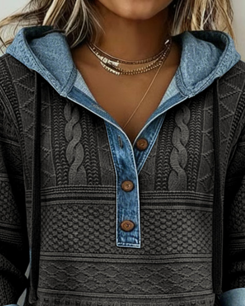 Cable Knit Denim Patchwork Hoodie