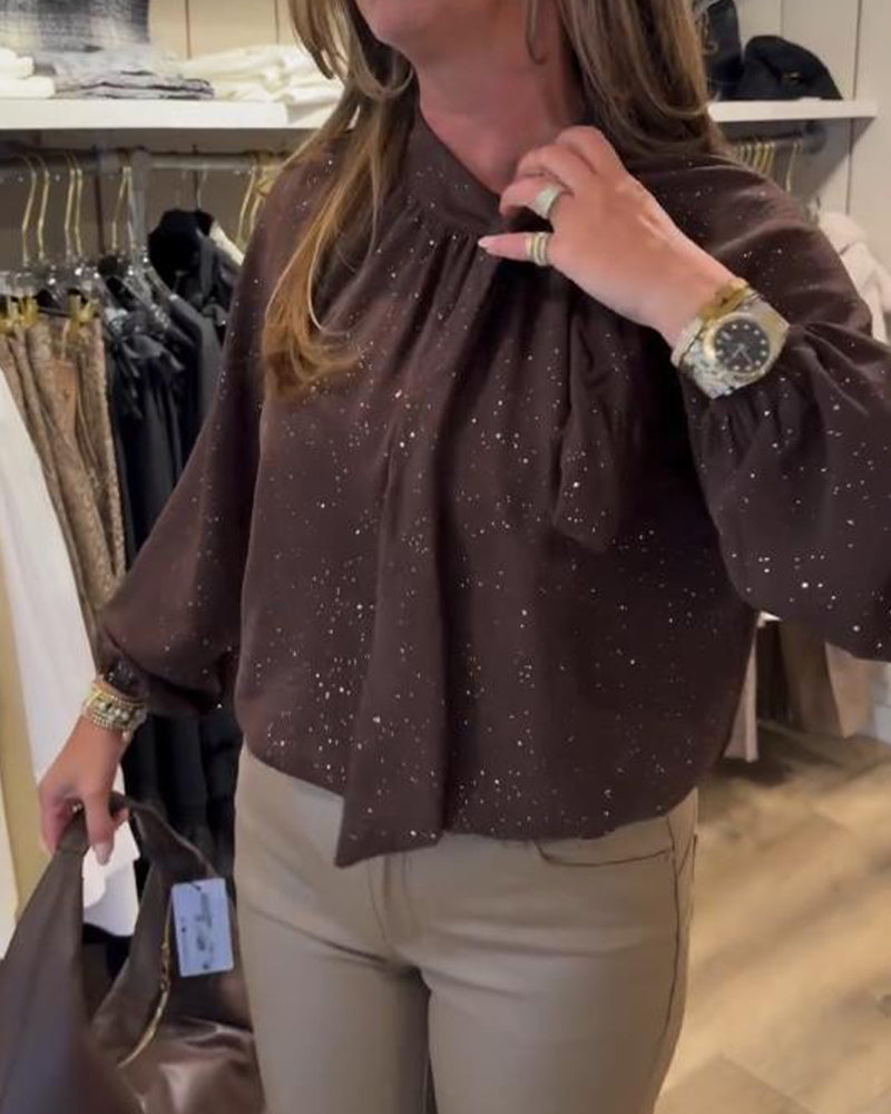 Ribbon Puff-Sleeve Shimmer Elegant Blouse