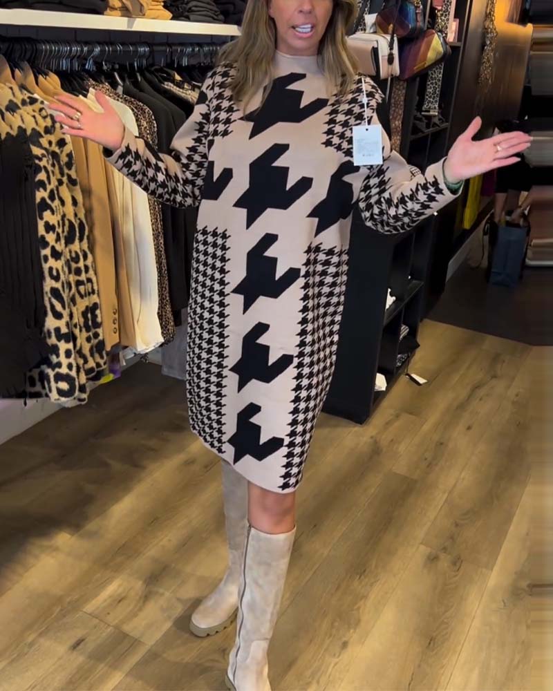 Houndstooth long sleeve dress