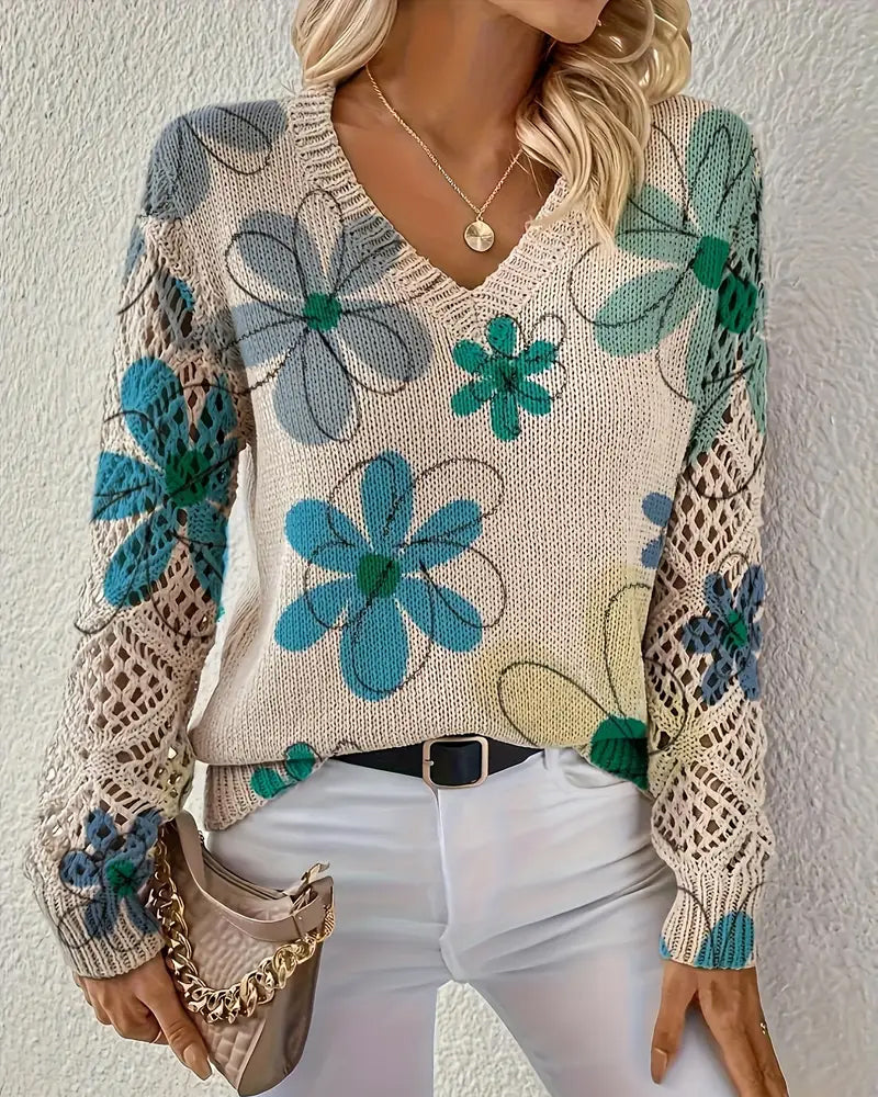 V-Neck Openwork Knit Sweater