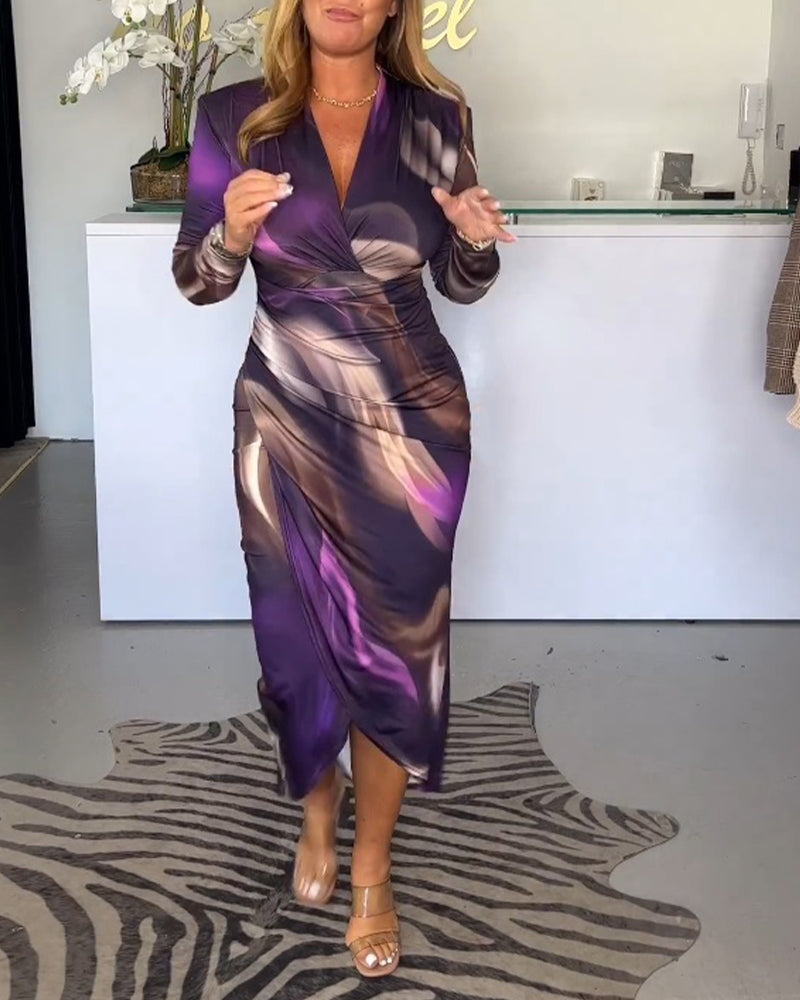 V-neck long sleeve slit dress