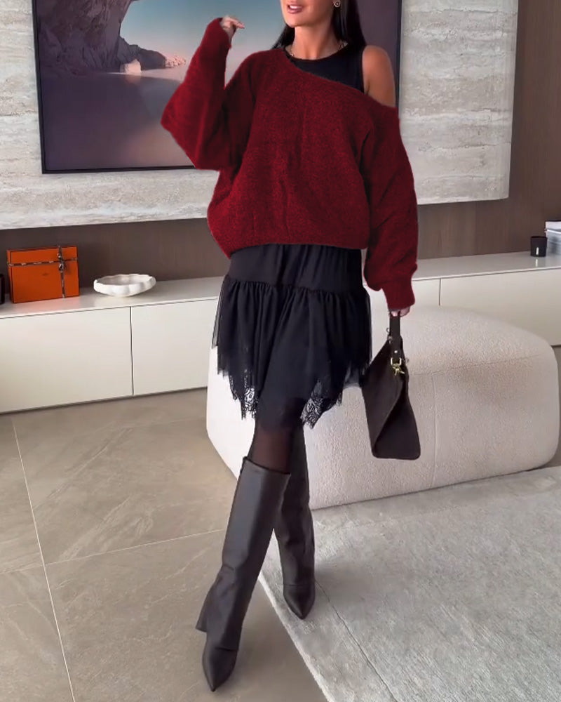 Off-Shoulder Loose Jumper & Lace Hem Dress