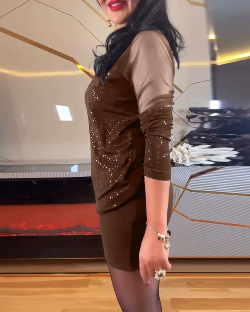 Sexy V-Neck Mesh And Solid Color Sequin Top