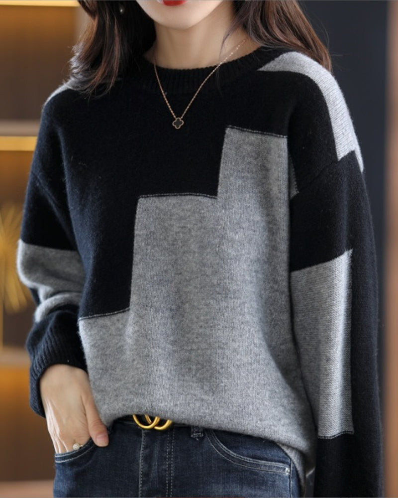Casual contrasting color long-sleeved sweater