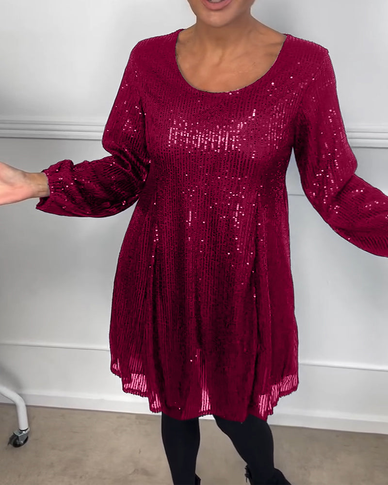 Elegant lantern sleeve sequined a-line dress