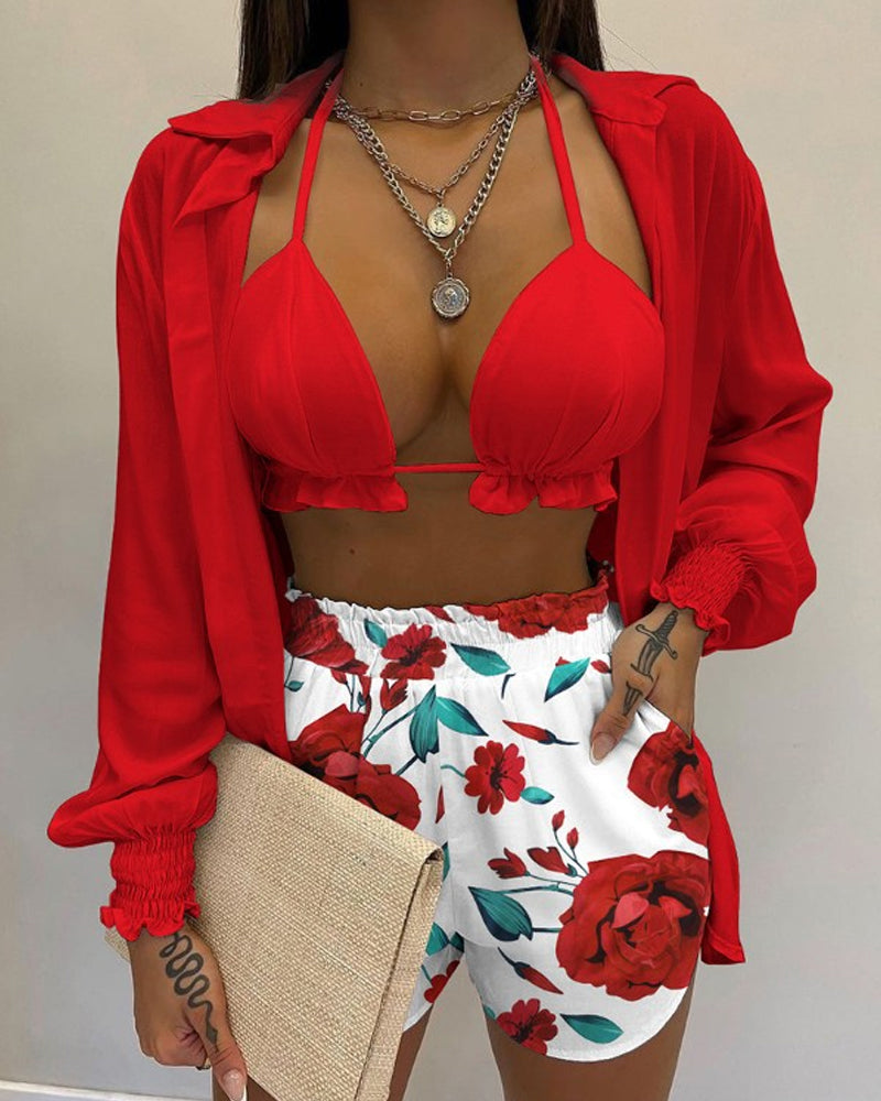 Balloon sleeve shirt bikini three piece set