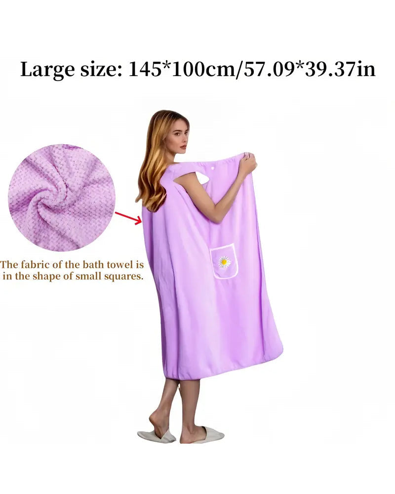 Soft Absorbent Quick-Dry Wearable Bath Towel Skirt with Floral Pattern Pocket