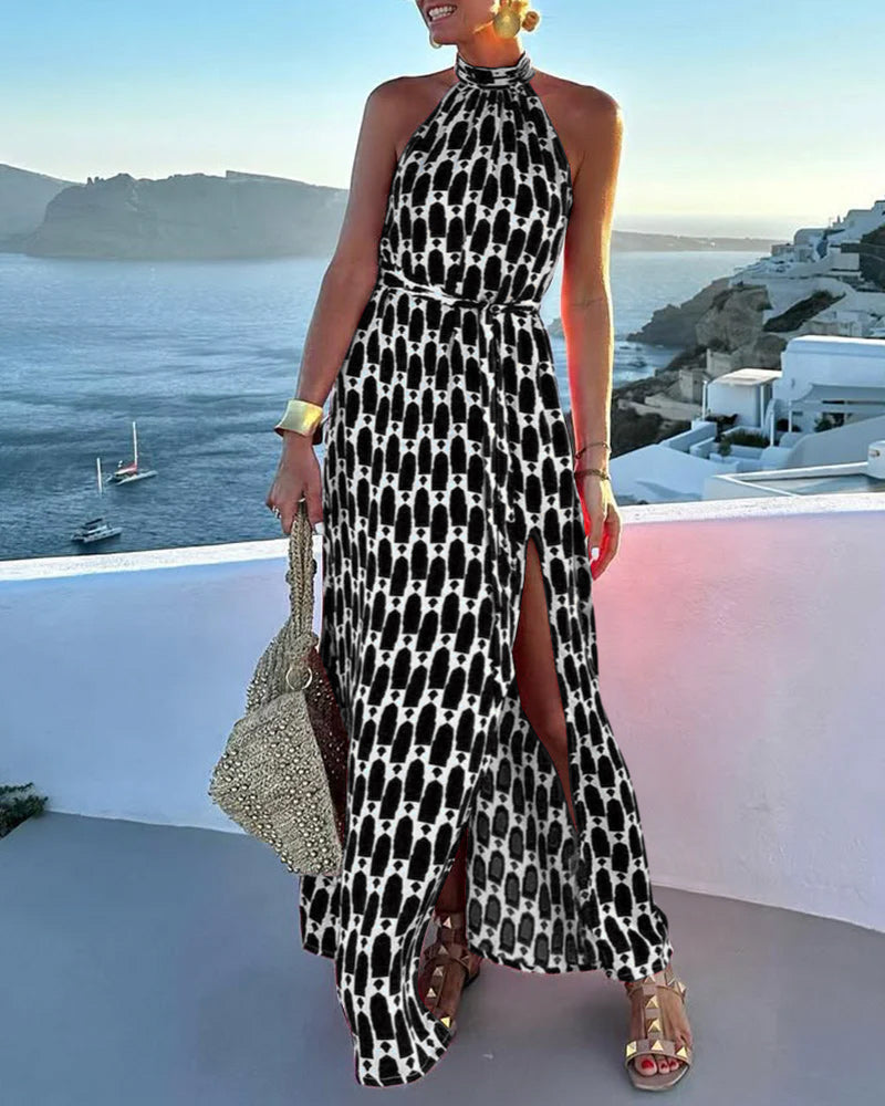 Halter Neck Beach Vacation Print Dress