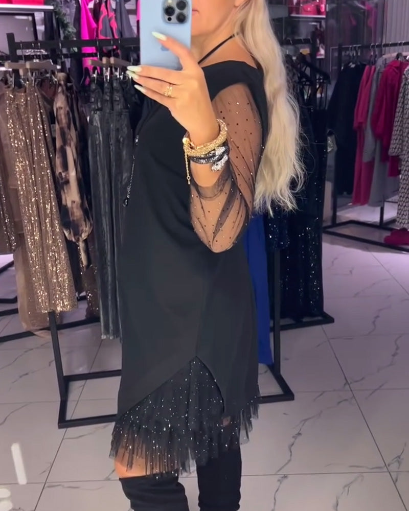 Round Neck Transparent Mesh Stitching Dress