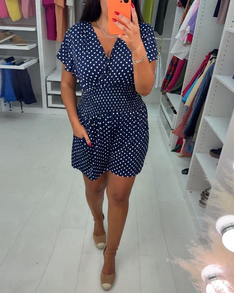 Casual polka dot printed V-neck short-sleeve jumpsuit