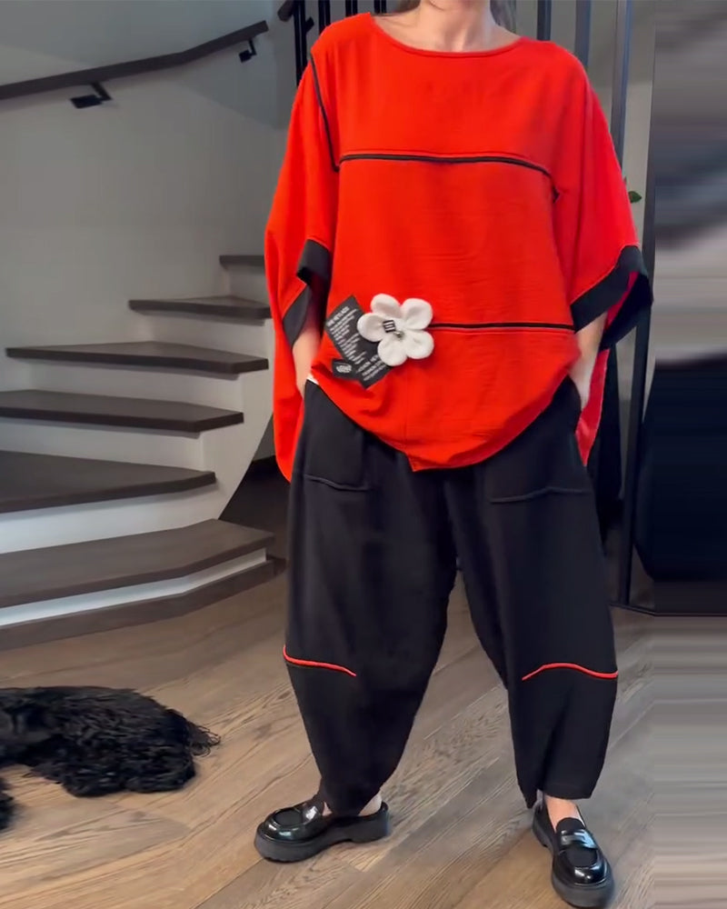 Loose Bloomers Casual Color-Blocking Set
