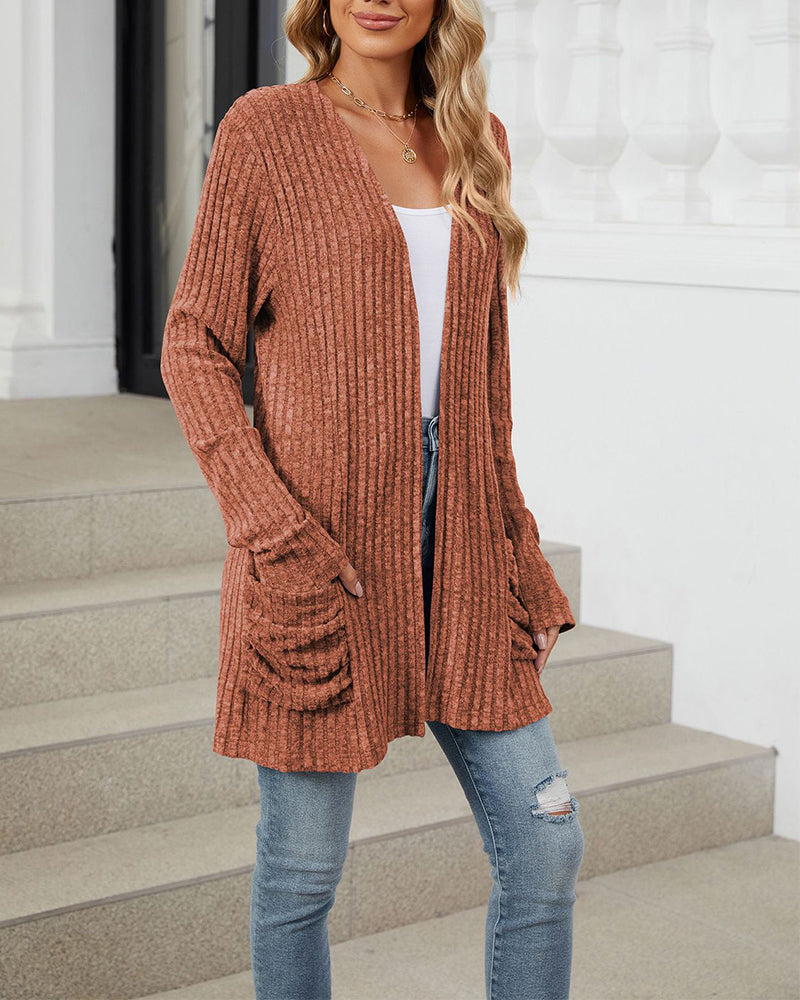 Casual solid color pocket long sleeve cardigan