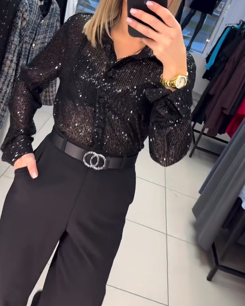 Button-Down Lapel Sequined Shirt