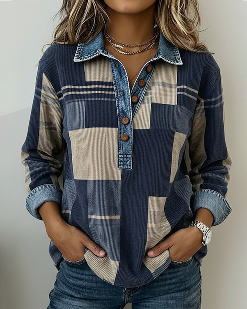 Button-Down Color-Blocked Printed Sweatshirt