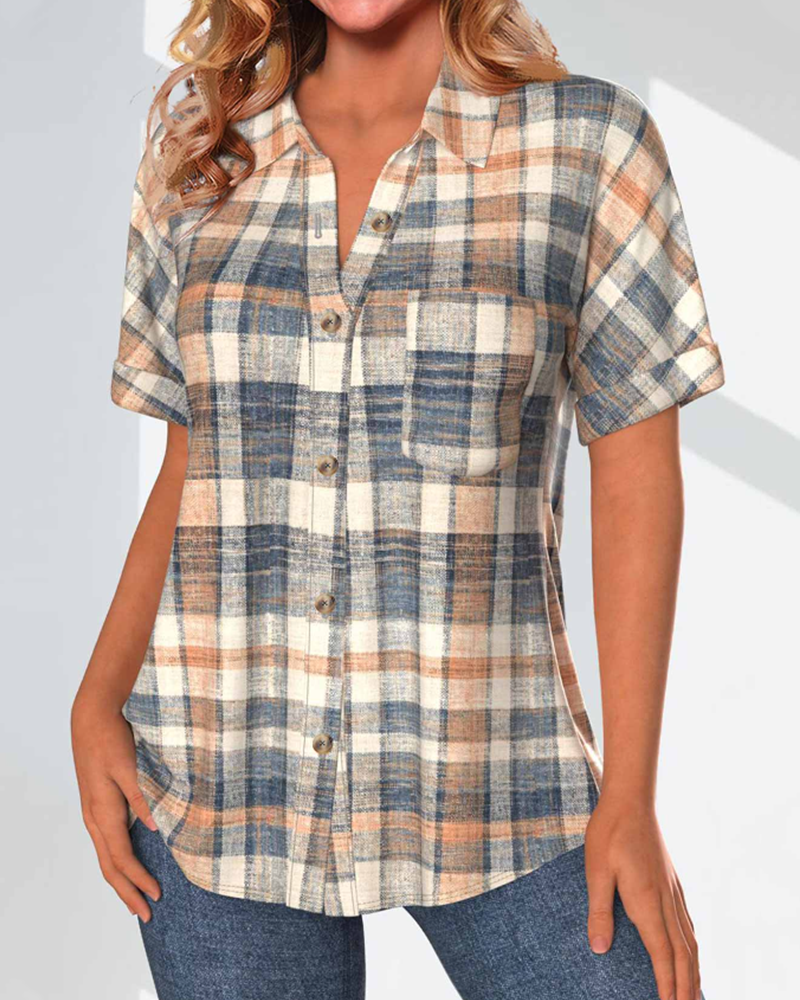 Button Plaid Print Short Sleeve Blouse