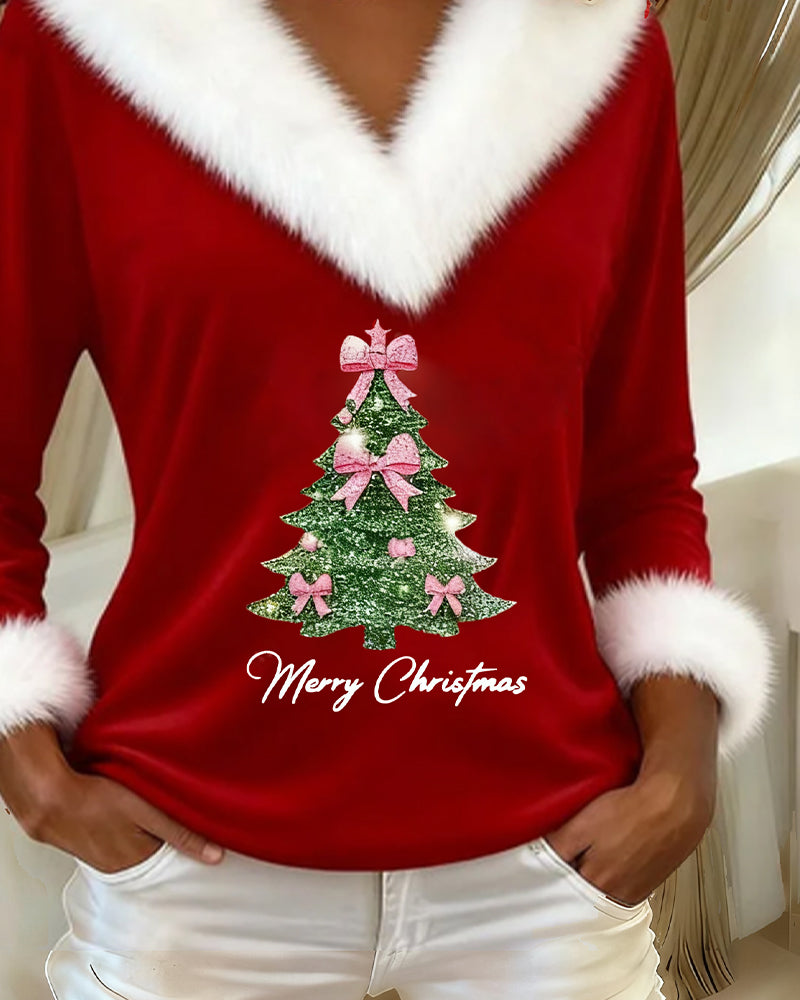 Large Fur Collar Christmas Print Top