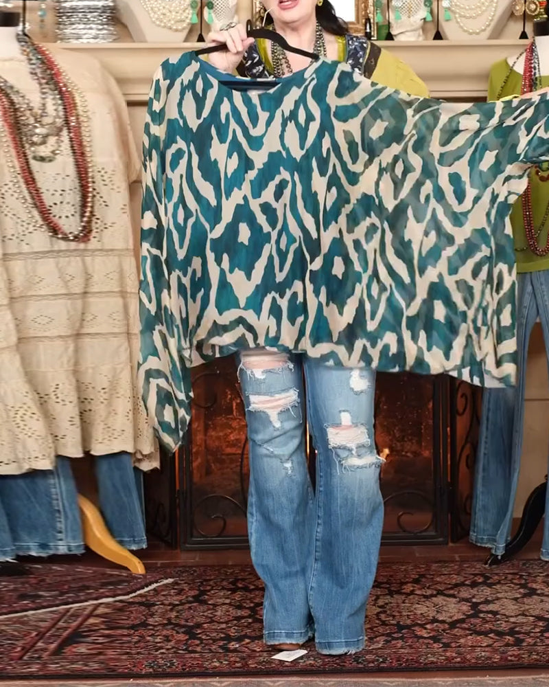 Batwing Sleeve Print Long Sleeve Blouse