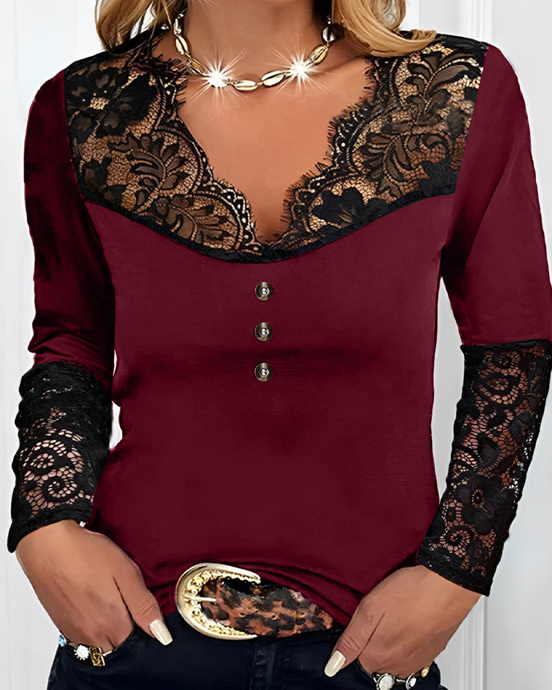 V-neck lace long-sleeve top