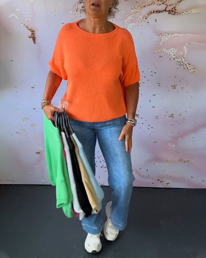 Casual loose solid color round neck pullover