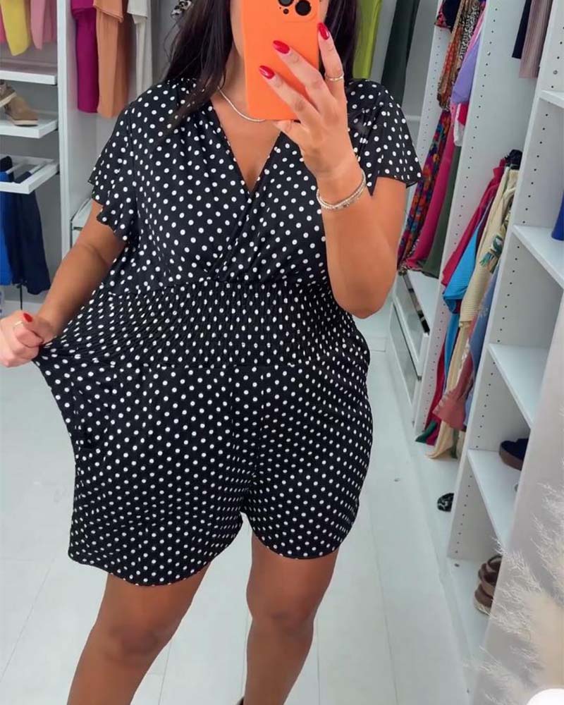 Casual polka dot printed V-neck short-sleeve jumpsuit