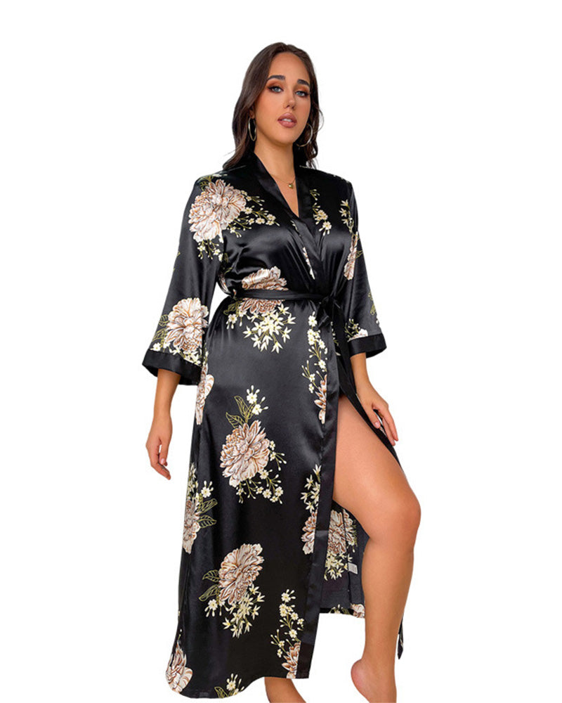 Large size printed imitation silk sexy nightdress