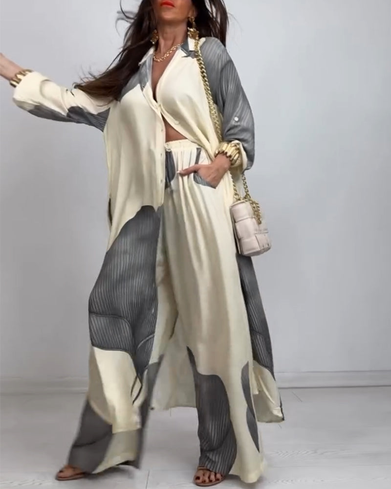 Lapel Button Colorblock Striped Straight Pants Suit