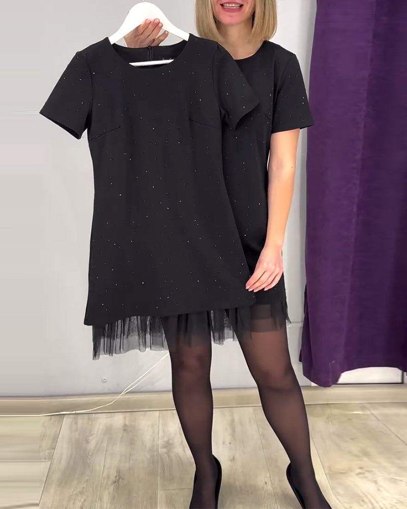 Short-Sleeved Rhinestone Patchwork Dress