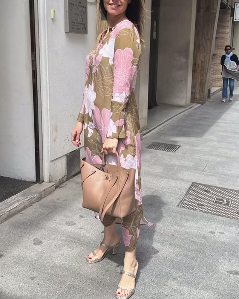 Casual floral print long sleeve slit maxi dress