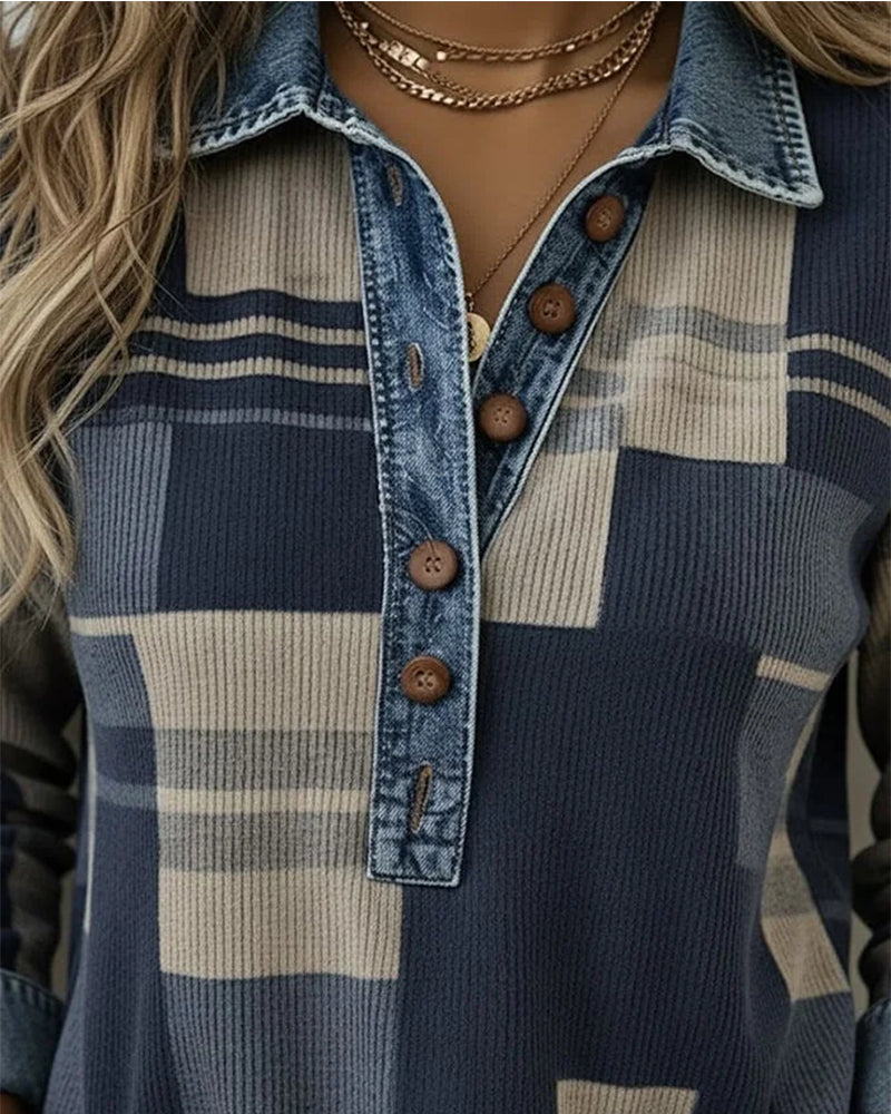 Button-Down Color-Blocked Printed Sweatshirt