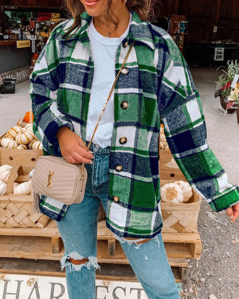 Casual plaid print button lapel jacket