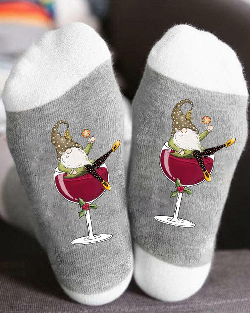 🧦Christmas gnome wine glass unisex crew socks🧦