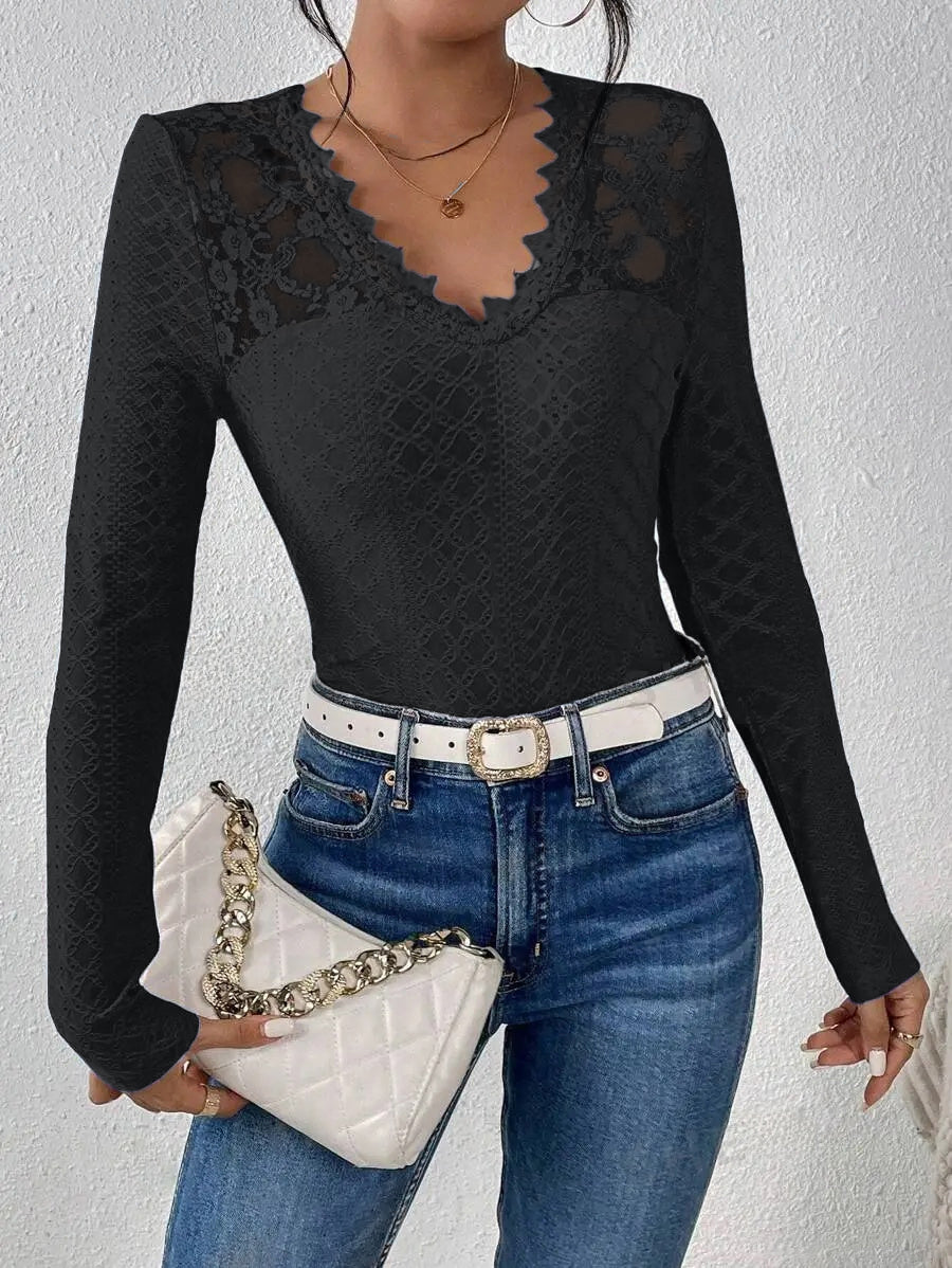 V-Neck Lace Panel Long-Sleeved Top