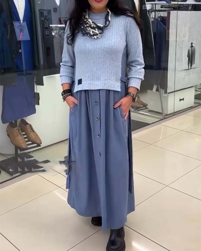 Casual Color-Blocked Round Neck Dress