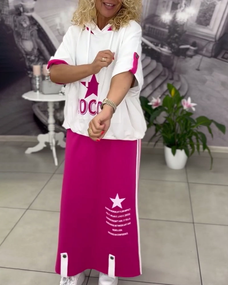 Hooded Drawstring Printed Skirt Set