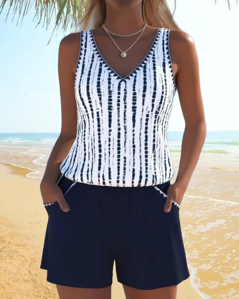 Casual Pocket V-Neck Printed Two-Piece Swimsuit
