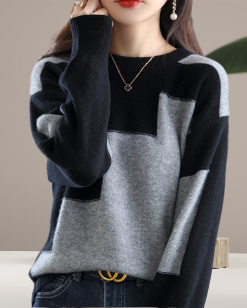 Casual contrasting color long-sleeved sweater