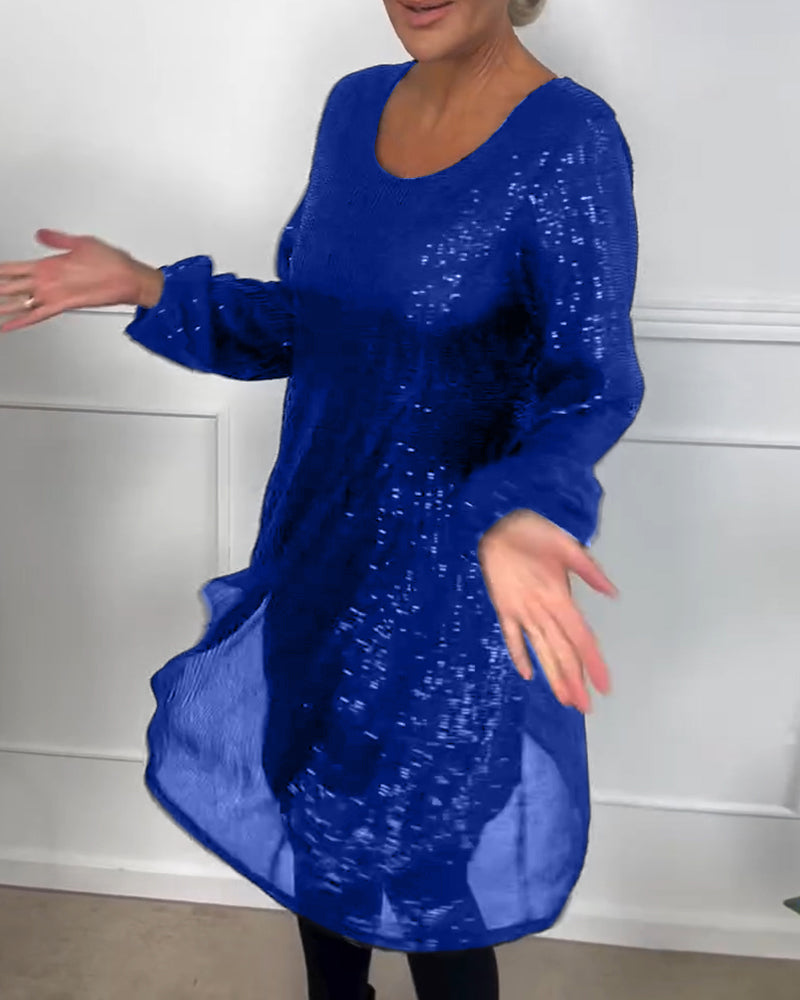 Elegant lantern sleeve sequined a-line dress